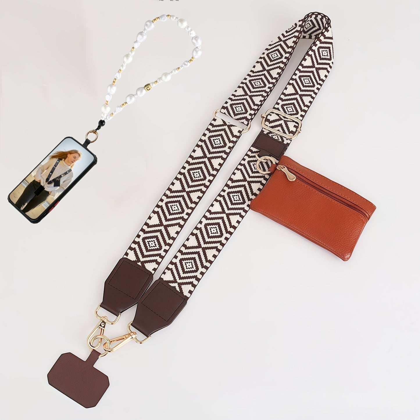 Phone Lanyard Crossbody Strap with Zipper Pouch & Beaded Charm Adjustable Hands-Free Cell Phone Shoulder Strap