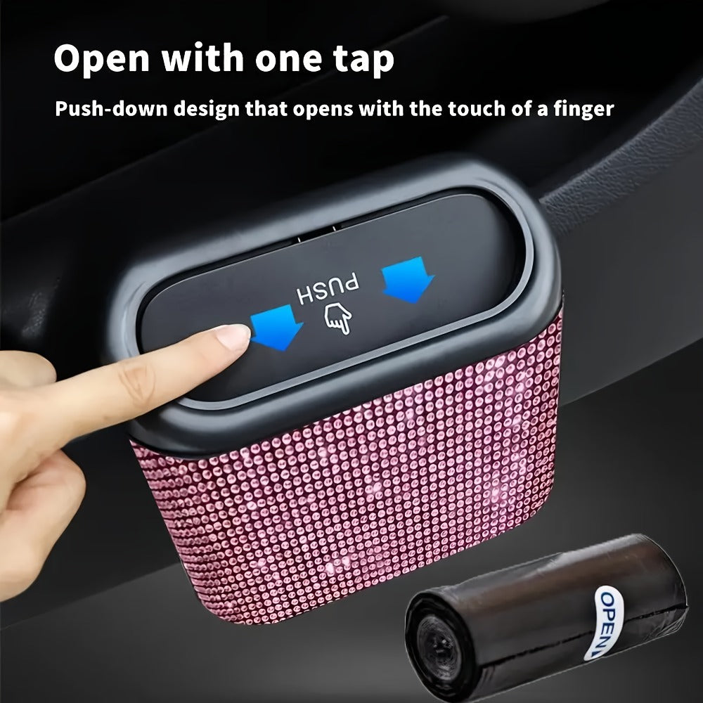 Rhinestone Push-Lid Car Trash Bin with Two Liner Bags, Black or Silver Finish and 16 cm Width
