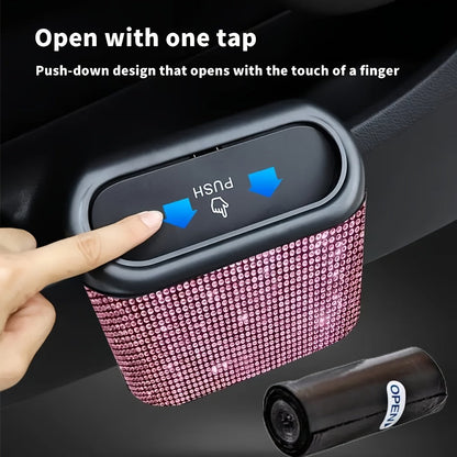 Rhinestone Push-Lid Car Trash Bin with Two Liner Bags, Black or Silver Finish and 16 cm Width
