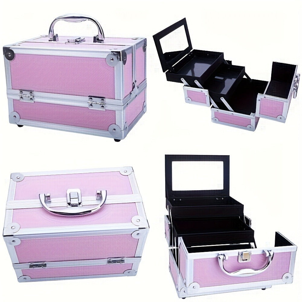 Rolling Makeup Case Aluminum 4-in-1 Extra Large Professional Cosmetic Trolley with 360° Swivel Wheels for Makeup Artist Tattoo Artist Salon