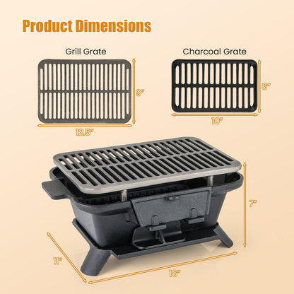 Cast Iron Charcoal Grill Portable Hibachi Tabletop BBQ Grill 16x11in Double-Sided Grate for Grilling, Camping and Outdoor Meals