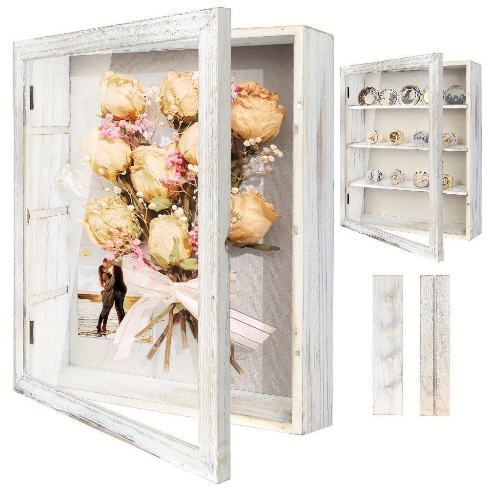 Shadow Box Frame 11x14 Large Memory Display Case with Linen Back – 4 Removable Shelves for Medals, Coins, Rings, Pins