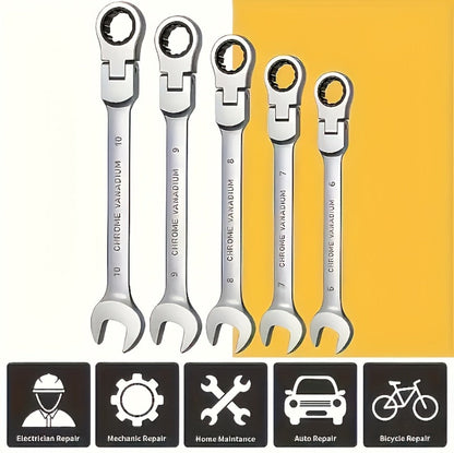 CR-V Flex Head Ratchet Wrench Set 5-Piece – 2-in-1 Reversible Open End & Hex Socket Dual-Purpose Kit | Automotive Engine Bay, Plumbing