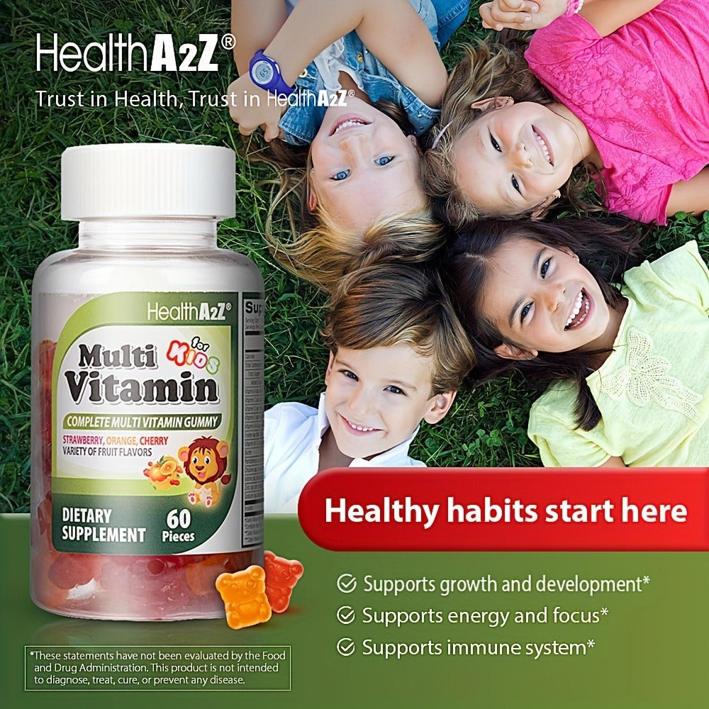 Kids Multivitamin Gummies 60ct with D3, Vitamins A, C, E, B6, B12, Folic Acid, Zinc & Choline for Brain