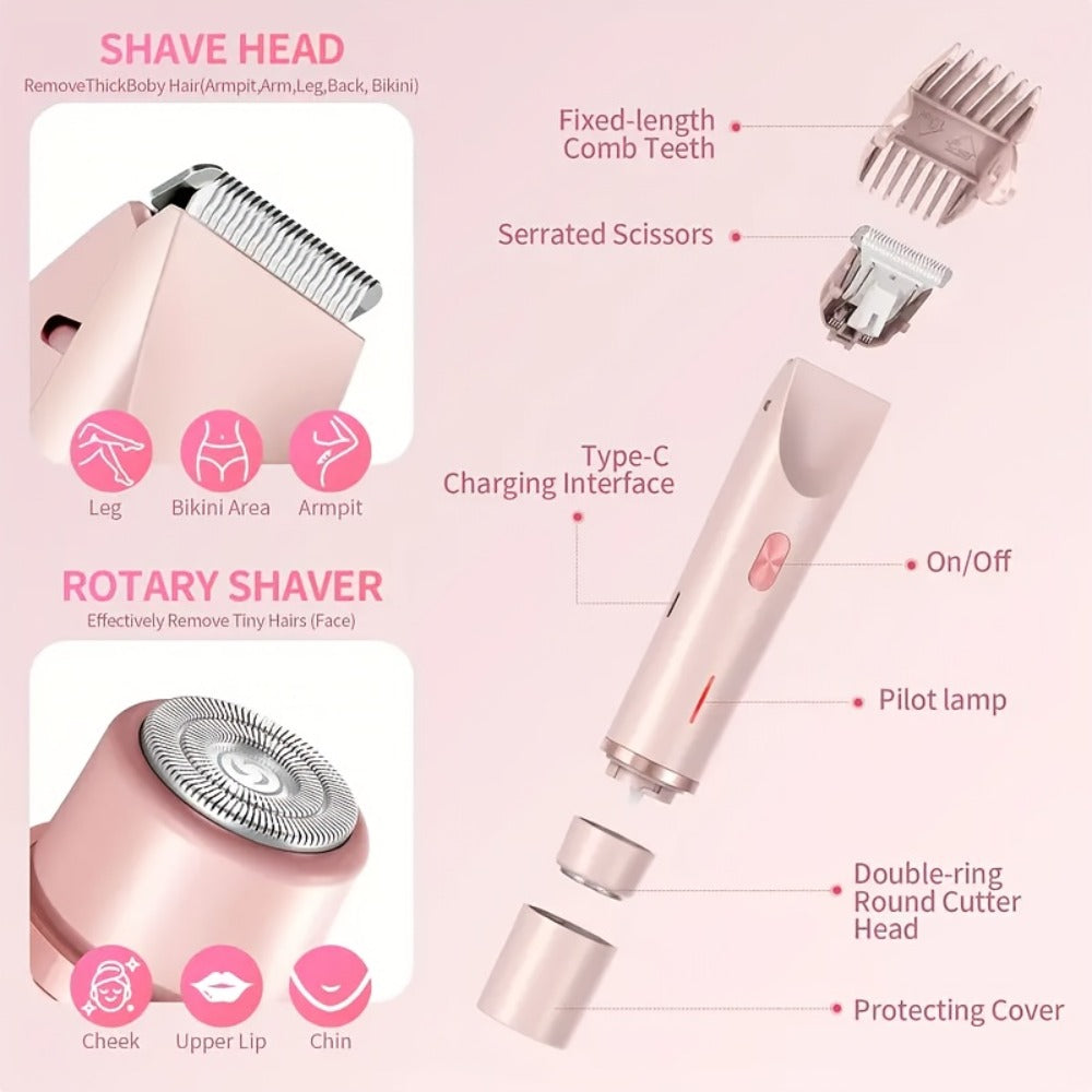 Bikini Trimmer Electric 2-in-1 Rechargeable Dual-Head Face Shaver for Women – Stainless Steel Blade USB Cordless Hair Remover for Bikini