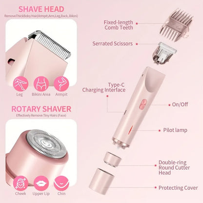 Bikini Trimmer Electric 2-in-1 Rechargeable Dual-Head Face Shaver for Women – Stainless Steel Blade USB Cordless Hair Remover for Bikini