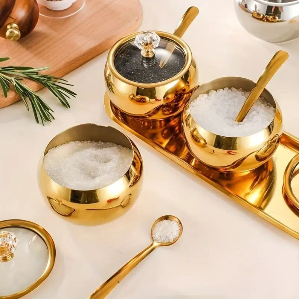 Golden Stainless Steel Seasoning Jar Set 2 or 3pcs Spice Containers with Lid and Spoon for Home Cooking, Dining and Outdoor Meals