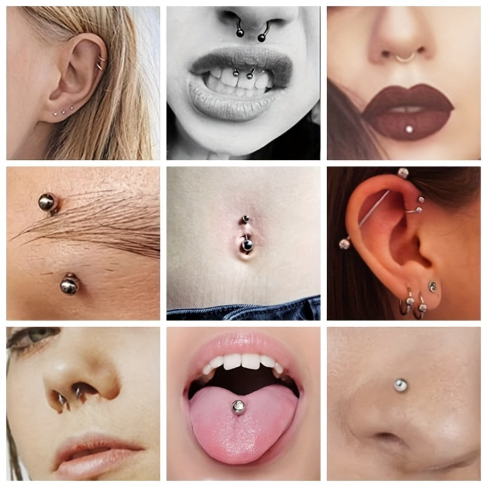 Body Piercing Kit 98pcs Stainless Steel - Bulk Piercing Set with Clamps, Needles, Lip Rings, Tongue Barbells
