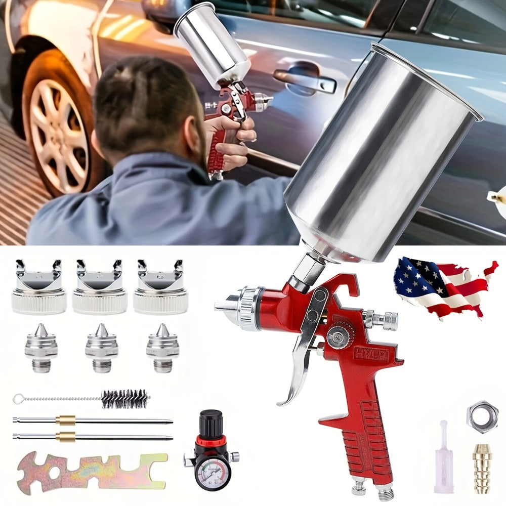 HVLP Gravity Feed Spray Gun Set – 3 Nozzles (1.4 / 1.7 / 2.0mm) with 1000cc Aluminum Cup for Automotive Painting, Base Coat
