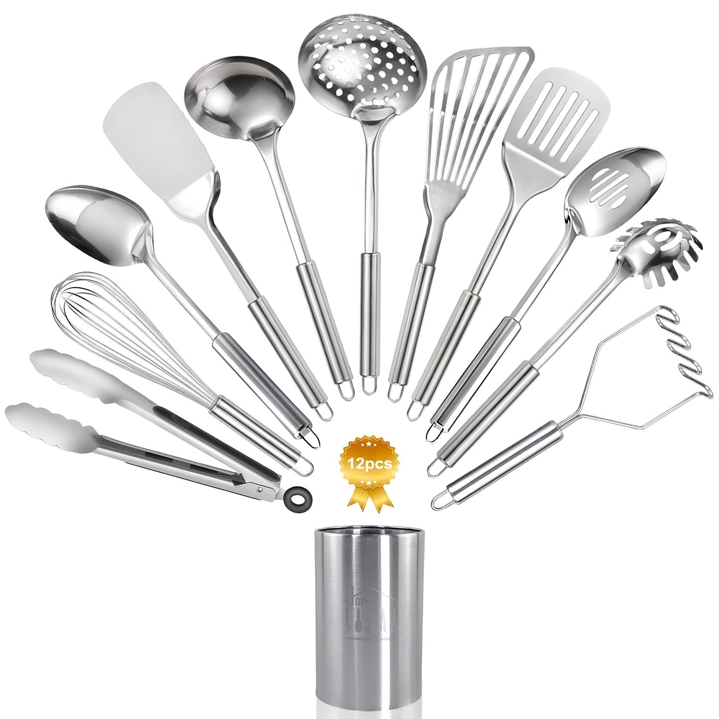 Kitchen Utensils 12-Piece Stainless Steel Set with Countertop Holder and Eleven Cooking Tools
