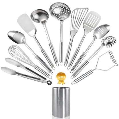 Kitchen Utensils 12-Piece Stainless Steel Set with Countertop Holder and Eleven Cooking Tools
