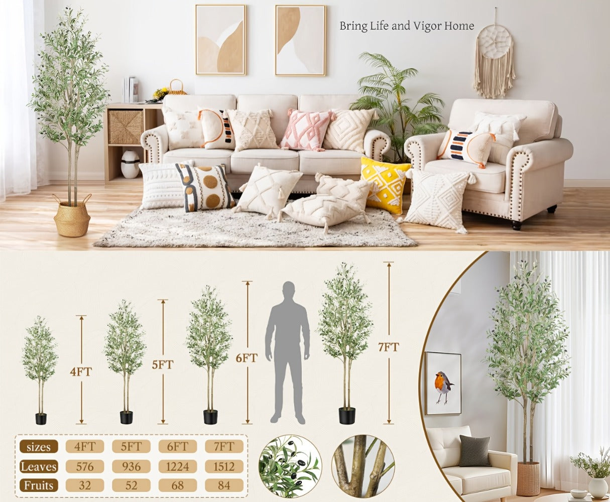 Full-Canopy Artificial Olive Tree with 4, 5, 6 or 7 ft Height Options, Decorative Fruit and Potted Base
