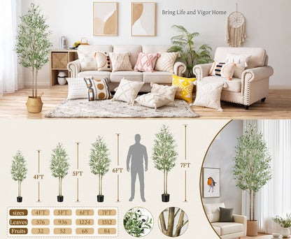 Full-Canopy Artificial Olive Tree with 4, 5, 6 or 7 ft Height Options, Decorative Fruit and Potted Base