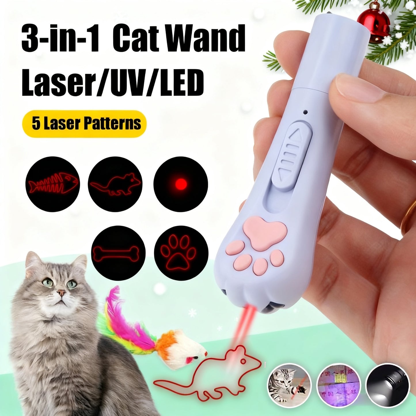 Cat Teaser Toy 7-in-1 USB Rechargeable – Interactive Wand Toy for Indoor Cats & Dogs, Feather Chaser Exercise Toy with Free Bonus Mouse Toy