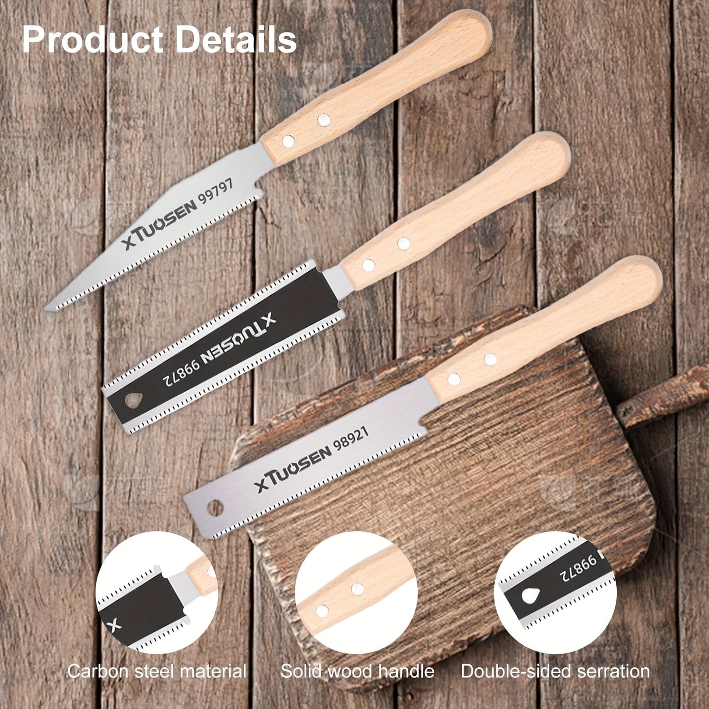Japanese Pull Saw Set 3-Piece, Double-Sided Fine Teeth Curved Hardwood Hand Saw for Woodworking, Trimming & Precision Cutting