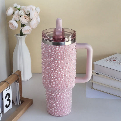 Insulated Tumbler 40oz Pearl Rhinestone Stainless Steel with Handle and Straw in White or Pink
