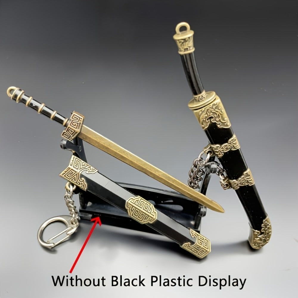 Seven-Piece Miniature Metal Sword Replica Set with Sheaths, Keychains and Ancient-Inspired Display Designs