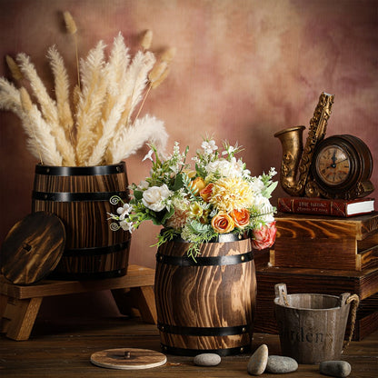 Wooden Barrel Vases Set of 2 for Rustic Wedding Centerpieces & Vintage Floral Arrangements – 8x6.5 Inch Wood Barrel Flower Vase