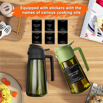 Olive Oil Dispenser Bottle 2-in-1 Glass Oil Sprayer & Dispenser 16oz Kitchen Cooking Oil Bottle with Labels for BBQ, Salad