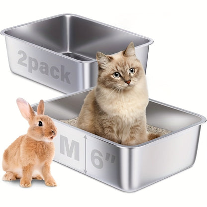 2-Pack Stainless Steel Cat Litter Box Pans with Open-Top Rectangular Design in M, XL or XXL Sizes