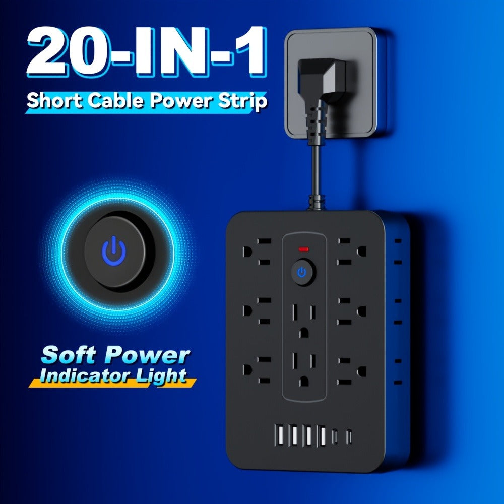 Compact Flat Plug Power Strip 20-in-1, 14 AC Outlets & 6 USB Ports (4 USB-A + 2 USB-C), Lightning Surge Protection