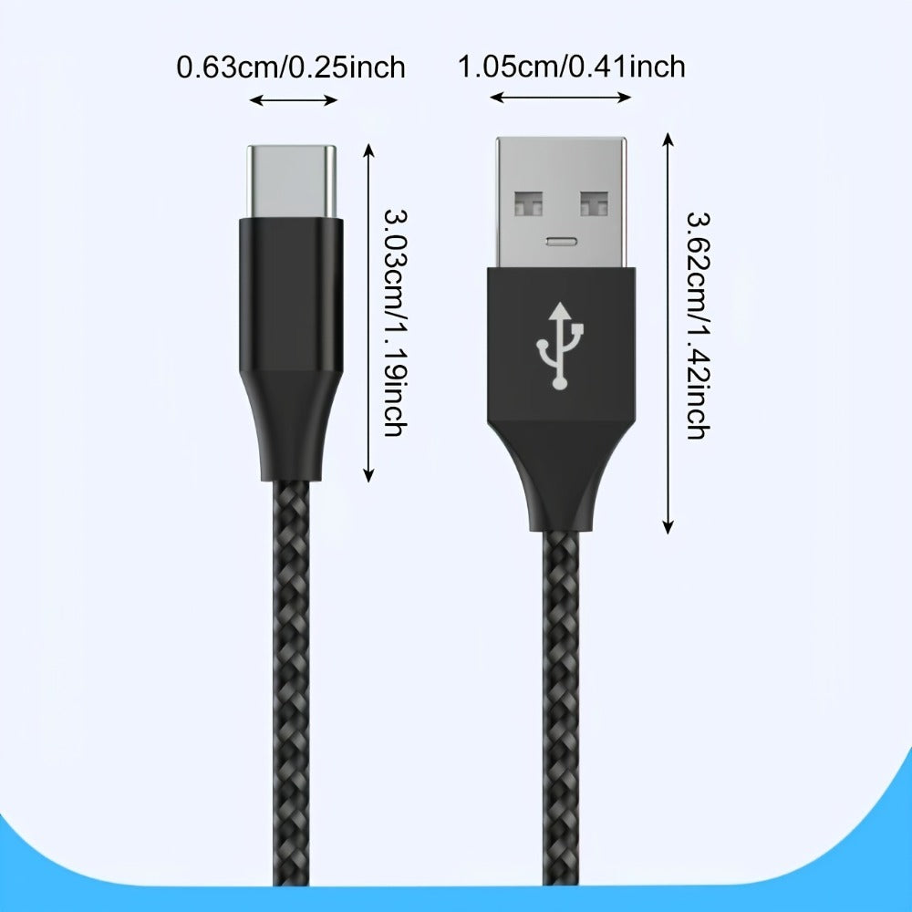 Five-Pack Braided USB-A to USB-C Charging Cables in 3.3, 6.6 and 10 ft Lengths, Black and White
