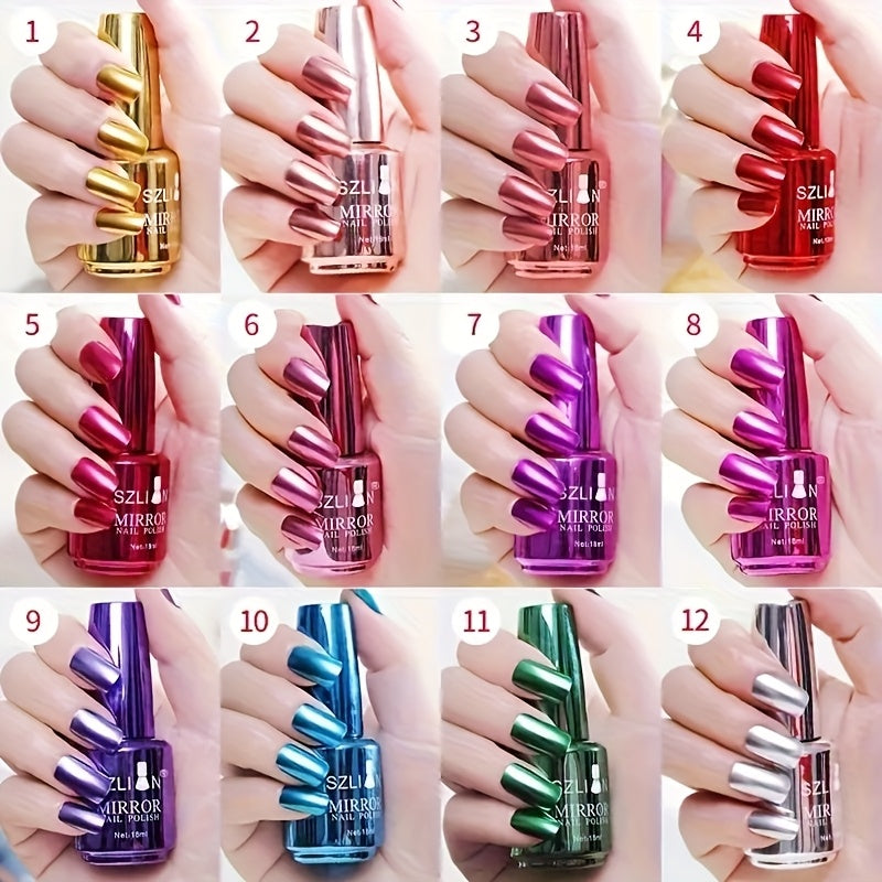 Chrome Nail Polish Set 12 Colors Mirror 3D Metallic Effect with Built-in Fine Brush – Long-Lasting Metal Paint for Salon & DIY Nail Art