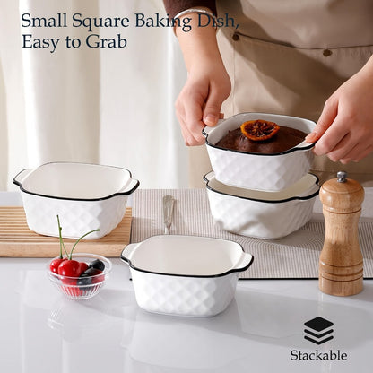 Ceramic Baking Dish Set 4-Piece, 13oz Small Square Ceramic Casserole Dishes with Handles, Diamond Design Oven & Bakeware