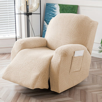 Recliner Chair Cover Slipcover 4-Piece Set – Leaf Jacquard Stretch Furniture Protector with Storage Pocket
