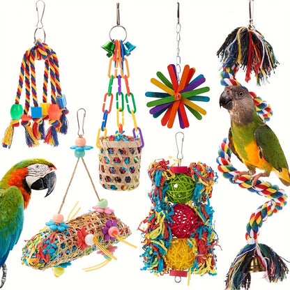 Six-Piece Hanging Bird Toy Set with Wood, Paper, Plastic Rings, Bell, Rope and Metal Hooks for Small Parrots