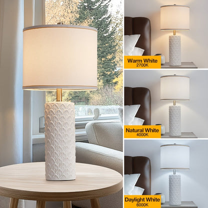 Table Lamp with Ceramic Textured Base, Drum Shade, 9W LED Bulb, Five Colors and Three Color Temperatures