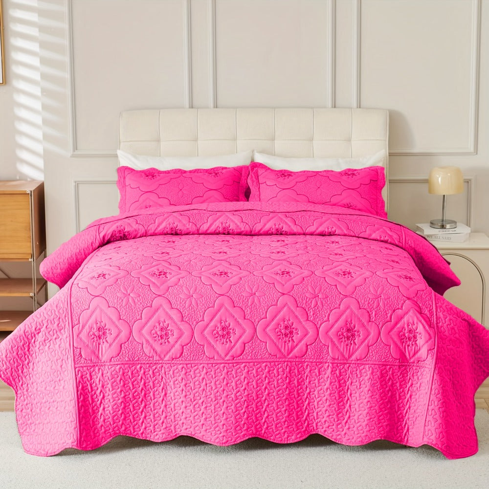Quilt Set 3 Piece Floral Embroidery Bedspread – 100% Polyester Wrinkle Resistant Lightweight Quilted Coverlet with 2 Pillow Shams for Full