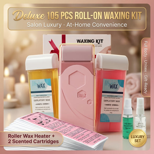 Roll On Wax Kit 105 Piece Complete Home Waxing Set – 2 Roll On Wax Rollers, Wax Warmer, 100 Waxing Strips, Lavender Oil & Pre-Post Spray