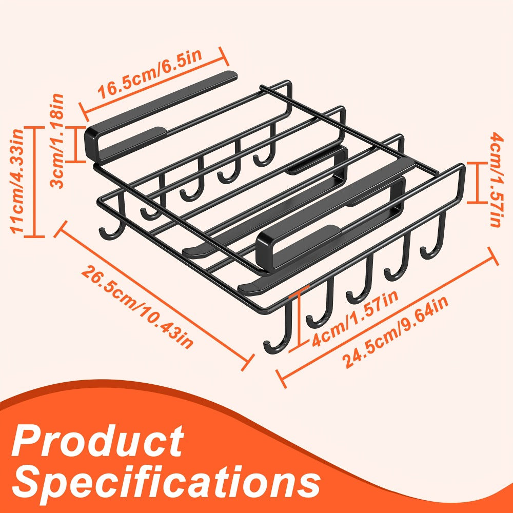 Under Cabinet Organizer Rack with Hooks, Carbon Steel Kitchen Shelf for Utensils, Towels, Cups & Cutting Boards
