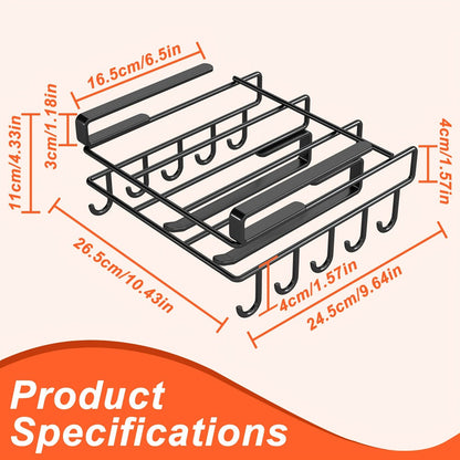 Under Cabinet Organizer Rack with Hooks, Carbon Steel Kitchen Shelf for Utensils, Towels, Cups & Cutting Boards