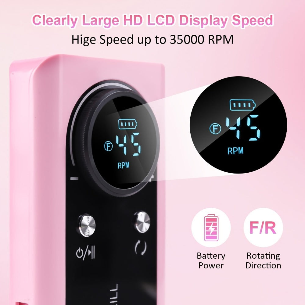 Electric Nail Drill 45000 RPM Cordless Kit with LCD Display and V2 Pink, White or Purple Options