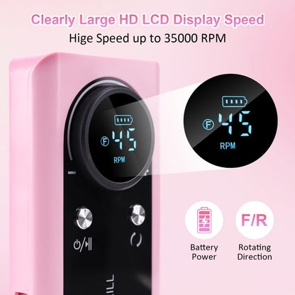 Electric Nail Drill 45000 RPM Cordless Kit with LCD Display and V2 Pink, White or Purple Options