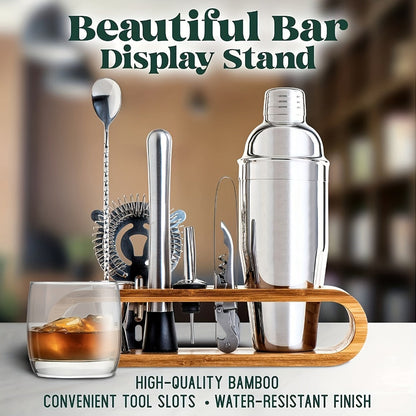 Bartender Set 10-Piece Stainless Steel Cocktail Shaker Bar Tool Kit with Bamboo Stand Home for Entryways, Bedrooms and Living Spaces
