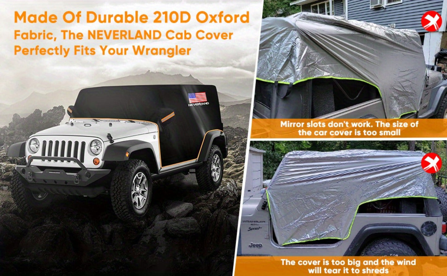 Jeep Wrangler Half Cab Cover in Black 210D Fabric with Reflective Strips, Storage Bag and 2-Door or 4-Door Options