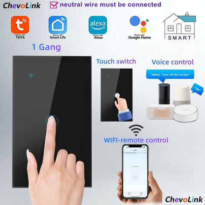 Black Glass WiFi Touch Wall Switch with One-, Two-, Three- or Four-Gang US-Style Options and Neutral-Wire Wiring