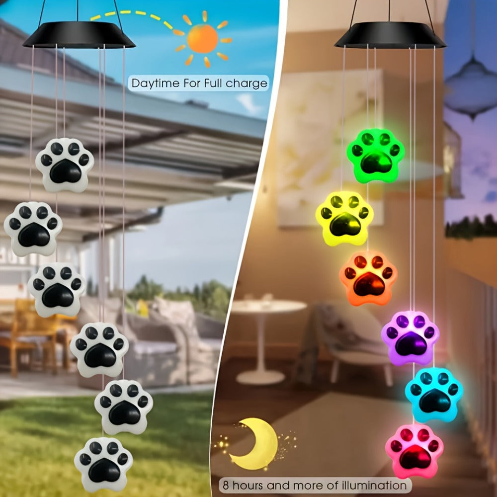 Solar Wind Chime Light Paw Print RGB Color Changing Outdoor Garden Hanging Decoration for Entryways, Bedrooms and Living Spaces