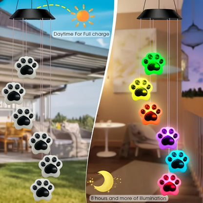 Solar Wind Chime Light Paw Print RGB Color Changing Outdoor Garden Hanging Decoration for Entryways, Bedrooms and Living Spaces