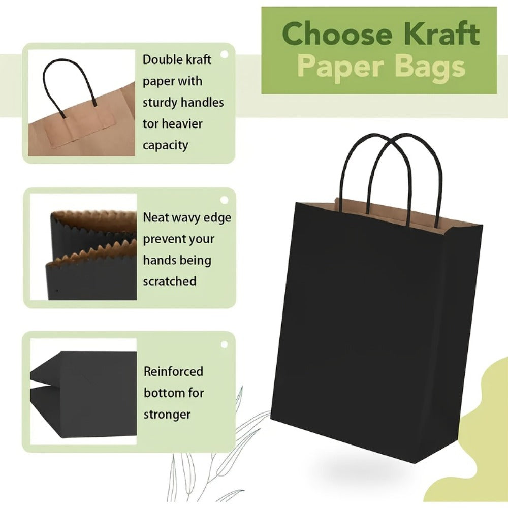 Paper Bags with Handles Bulk – Kraft Paper Gift Bags 25/75/100/300 Pcs, Black White Brown Reusable Shopping Bags for Small Business Retail