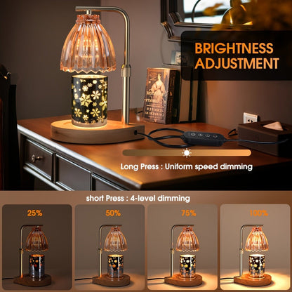 Gold Candle Warmer Lamp with Ribbed Glass Shade, Adjustable Height, Four Brightness Levels and 2/4/8-Hour Timer