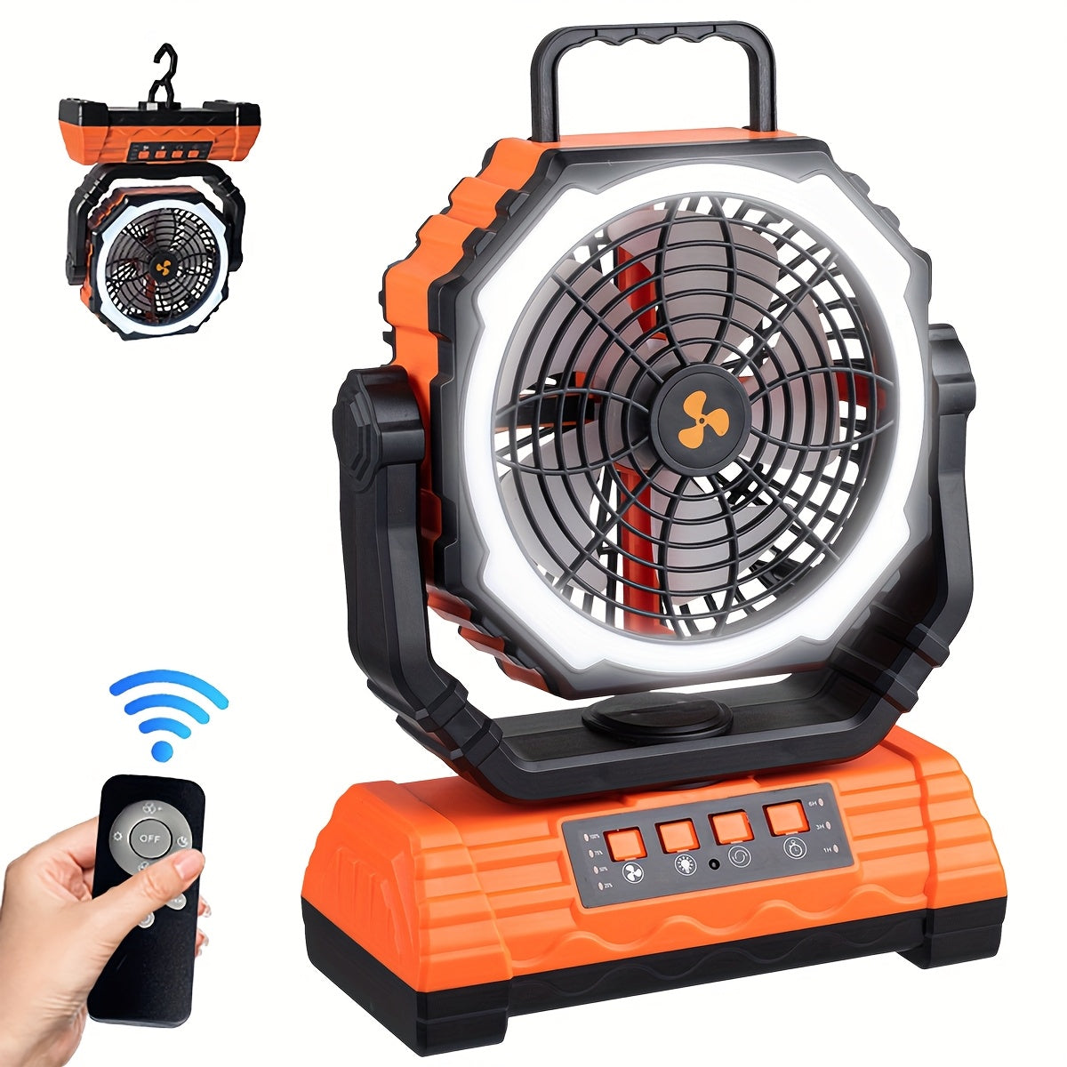 Portable Camping Fan with Dual Motors LED Light & Remote Control, Solar Powered Outdoor Fan with Hook for Tent Work Site Power Outage