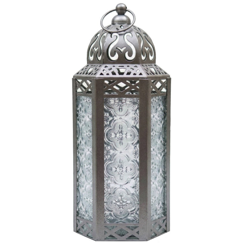 Moroccan Candle Lantern Holder - Decorative Metal & Glass Lantern with Embossed Floral Design for Indoor Home Decor