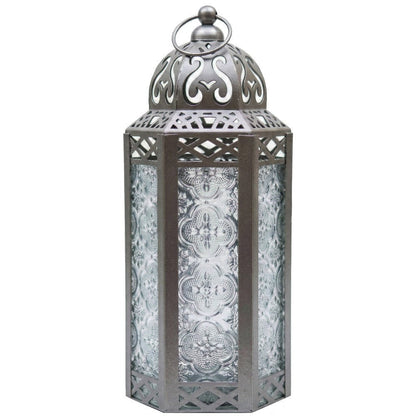 Moroccan Candle Lantern Holder - Decorative Metal & Glass Lantern with Embossed Floral Design for Indoor Home Decor