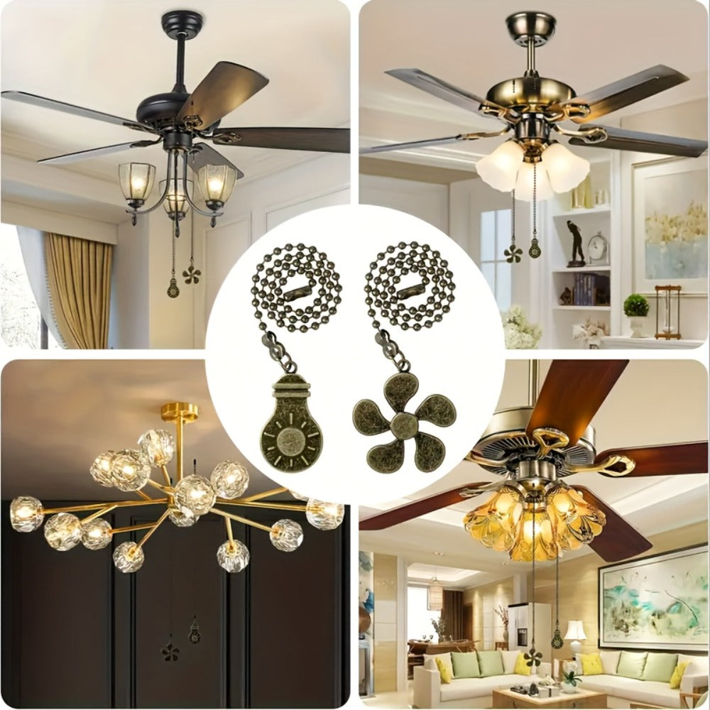 Ceiling Fan Pull Chain Extension Set of 8 – Decorative Bead Chain Pull Cord with Five-Leaf & Bulb Pendants, Iron Chain & Zinc Alloy, Bronze