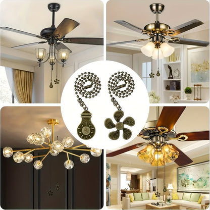 Ceiling Fan Pull Chain Extension Set of 8 – Decorative Bead Chain Pull Cord with Five-Leaf & Bulb Pendants, Iron Chain & Zinc Alloy, Bronze