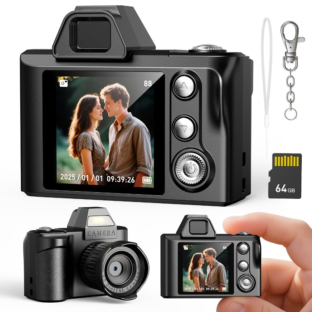 Mini Pocket Camera Retro Vintage Thumb Size with LED Flash, Multiple Filters & 64GB Memory Card